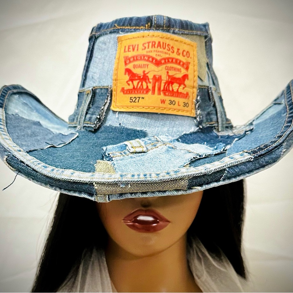 Levi’s Denim Cowboy Hat | Unisex Western Patchwork | Optional Rhinestone Stars